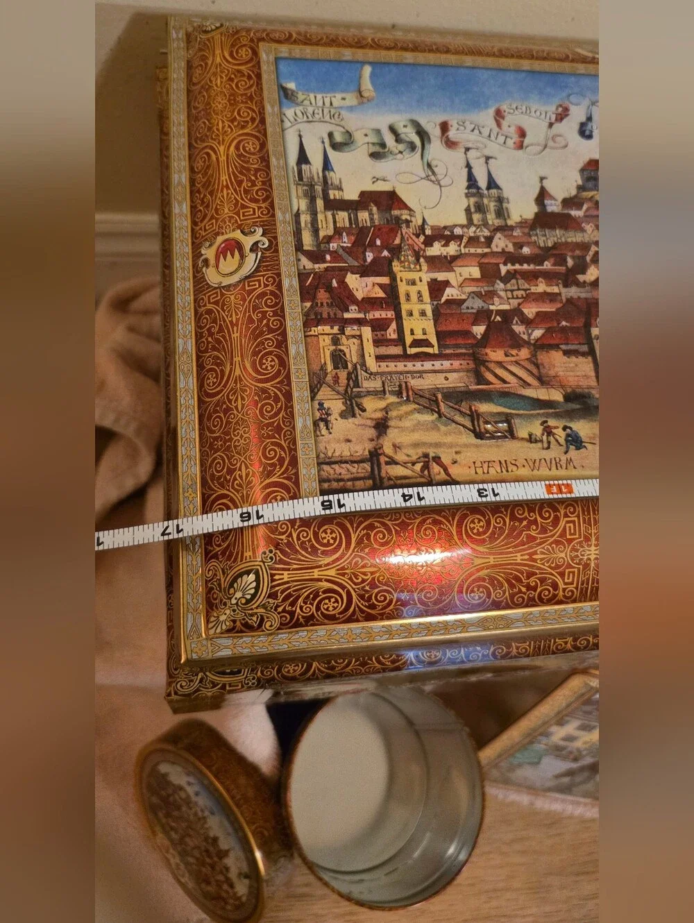 Decorative Vintage-Style Gold & Brown Metal Storage Chest and Tin Set (4 Pieces)